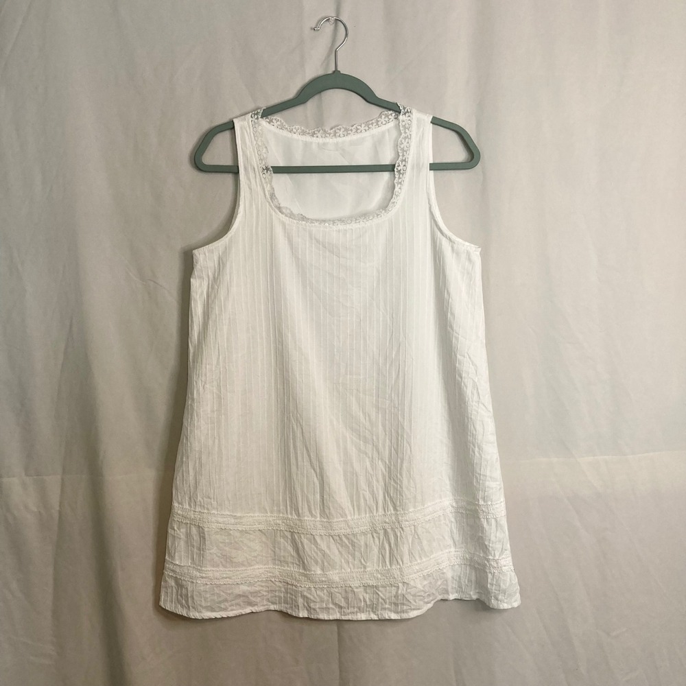 White Lace Trim Pintuck Sleeveless Mini Dress Tunic Top S Coquette Cottagecore